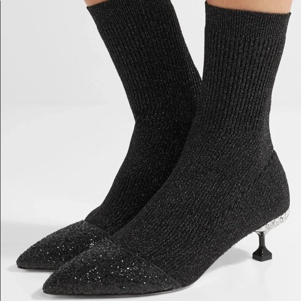 Miu Miu Black Glitter Sock Ankle Boots with Jeweled Heel